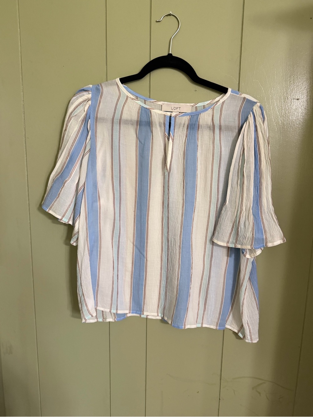 LOFT White, Light Blue & Tan Striped Flutter Sleeve Top